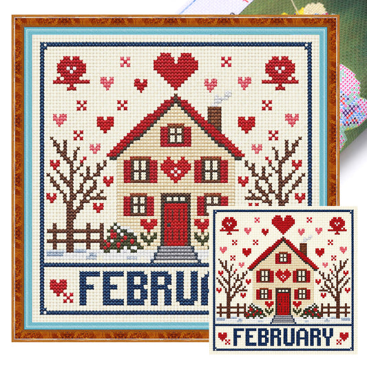 February Love Cottage - Vollständiges 14CT gestempeltes Kreuzstich-Set 40x40CM - Huacan