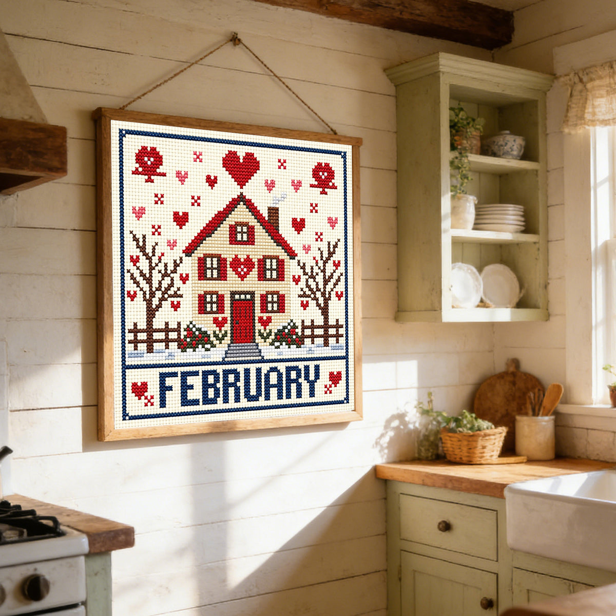 February Love Cottage - Vollständiges 14CT gestempeltes Kreuzstich-Set 40x40CM - Huacan