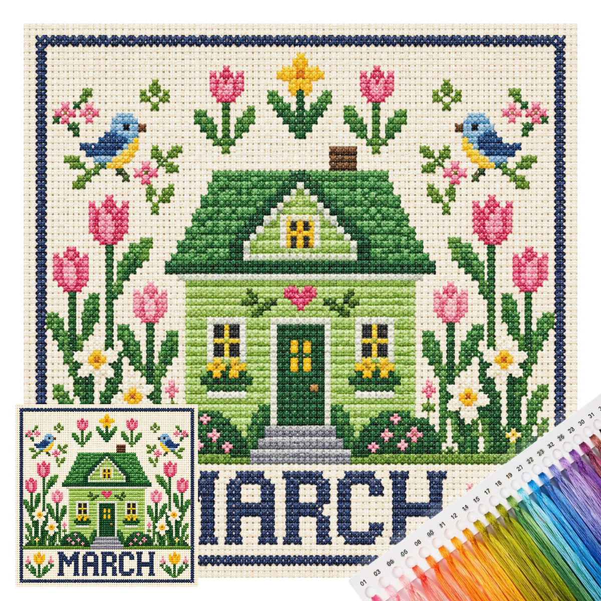 March Tulip Cottage - Full 14CT Stamped Cross Stitch 40x40CM - Huacan