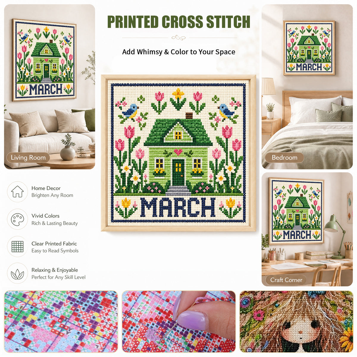 March Tulip Cottage - Full 14CT Stamped Cross Stitch 40x40CM - Huacan