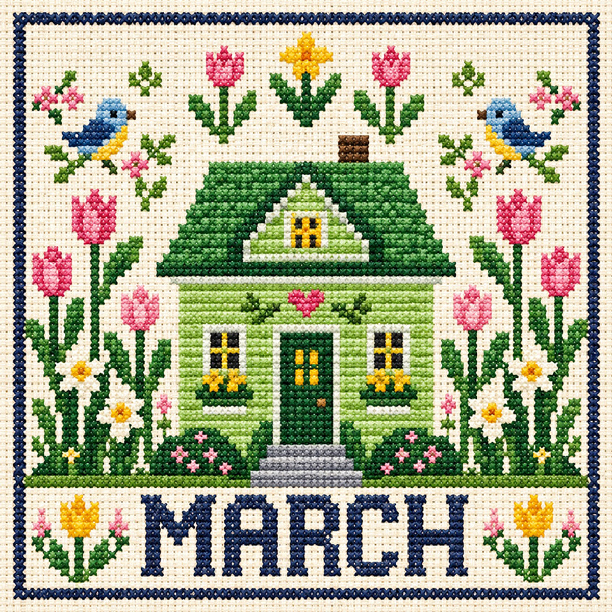 March Tulip Cottage - Full 14CT Stamped Cross Stitch 40x40CM - Huacan