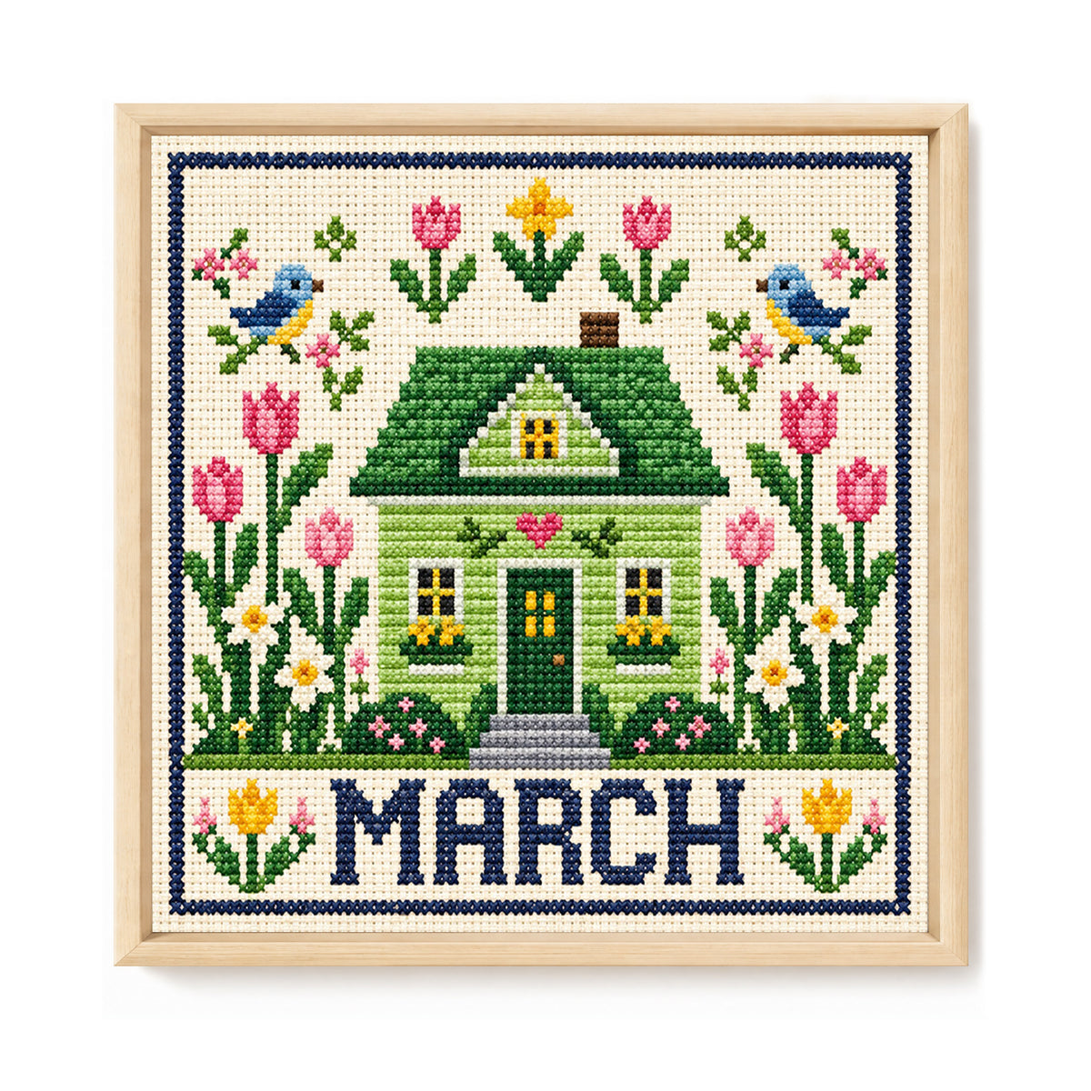 March Tulip Cottage - Full 14CT Stamped Cross Stitch 40x40CM - Huacan