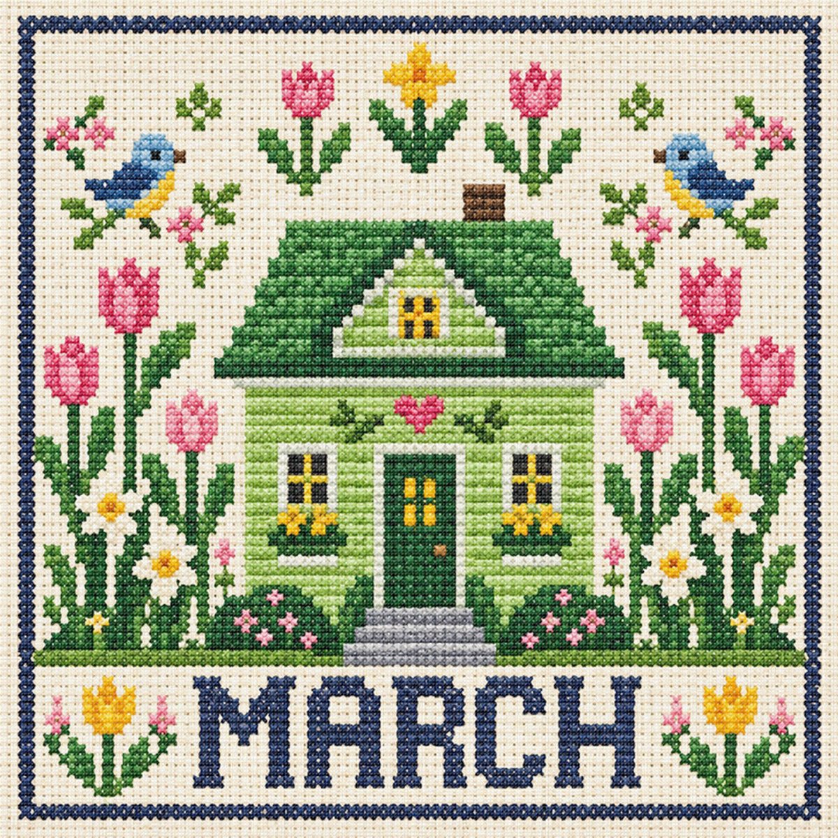 March Tulip Cottage - Full 14CT Stamped Cross Stitch 40x40CM - Huacan