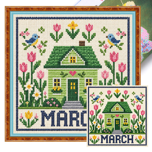 März-Tulpen-Cottage – Vollständiges 14CT gestempeltes Kreuzstich-Set 40x40CM – Huacan