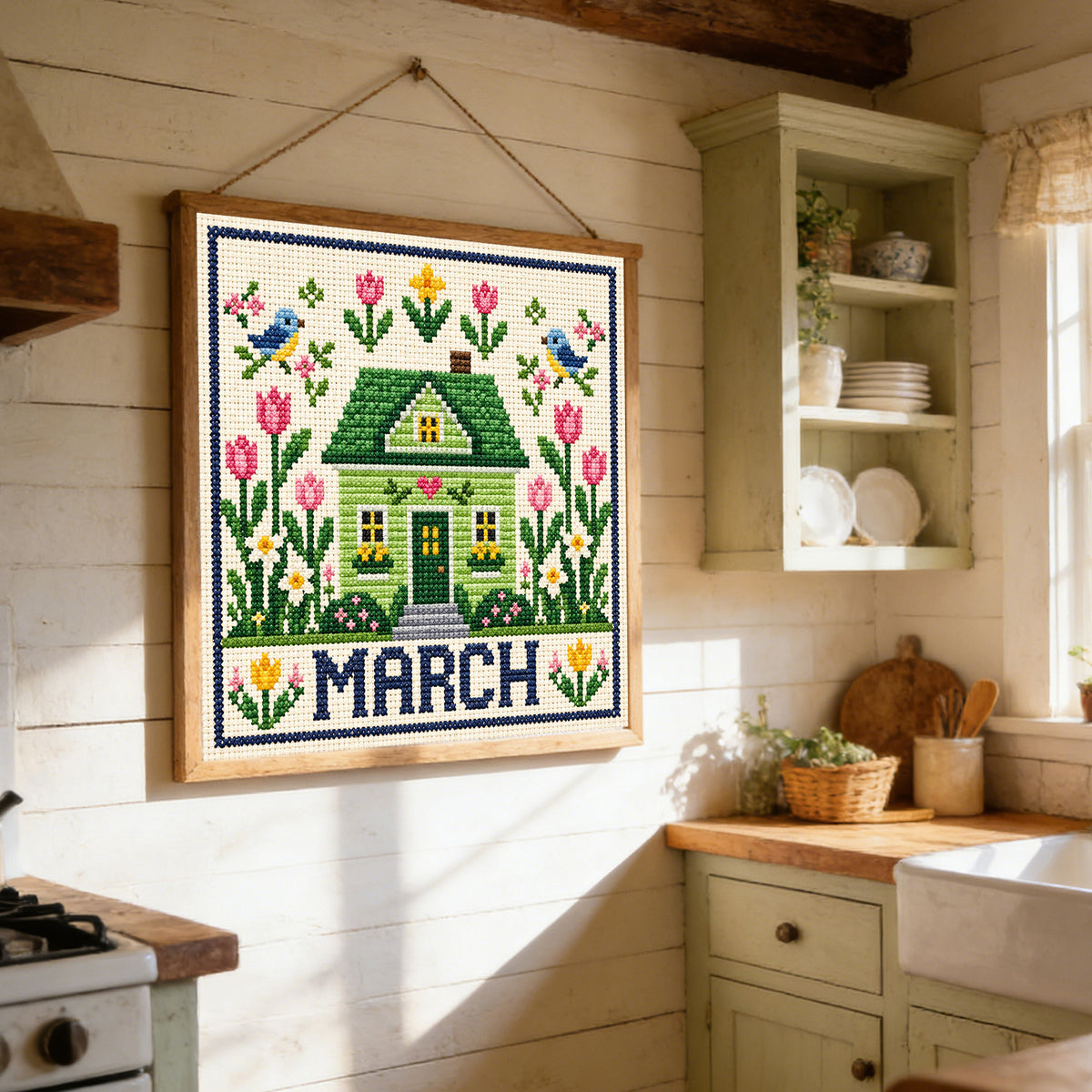March Tulip Cottage - Full 14CT Stamped Cross Stitch 40x40CM - Huacan