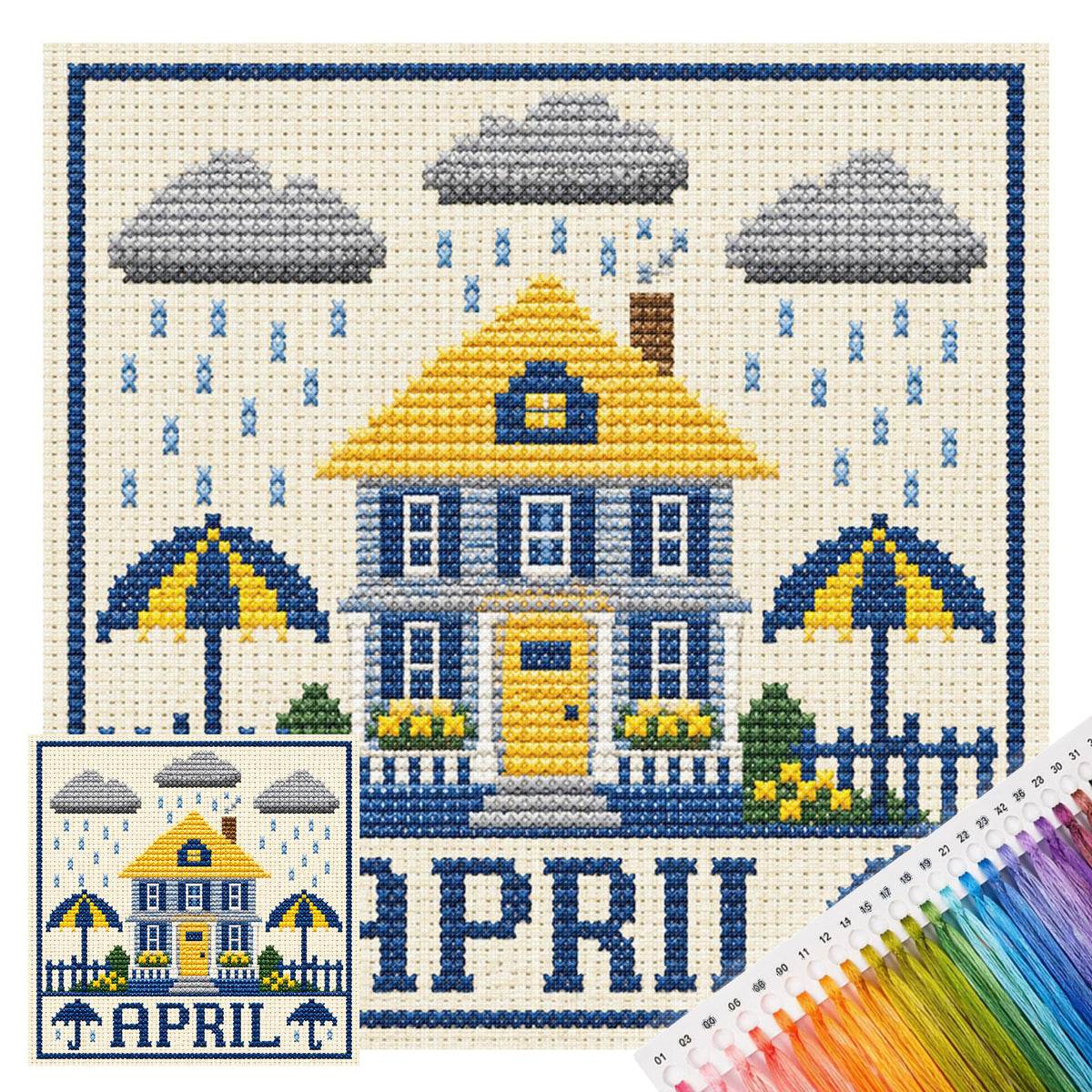April Rainy Cottage – Komplettes 14CT gestempeltes Kreuzstich-Set 40x40CM – Huacan