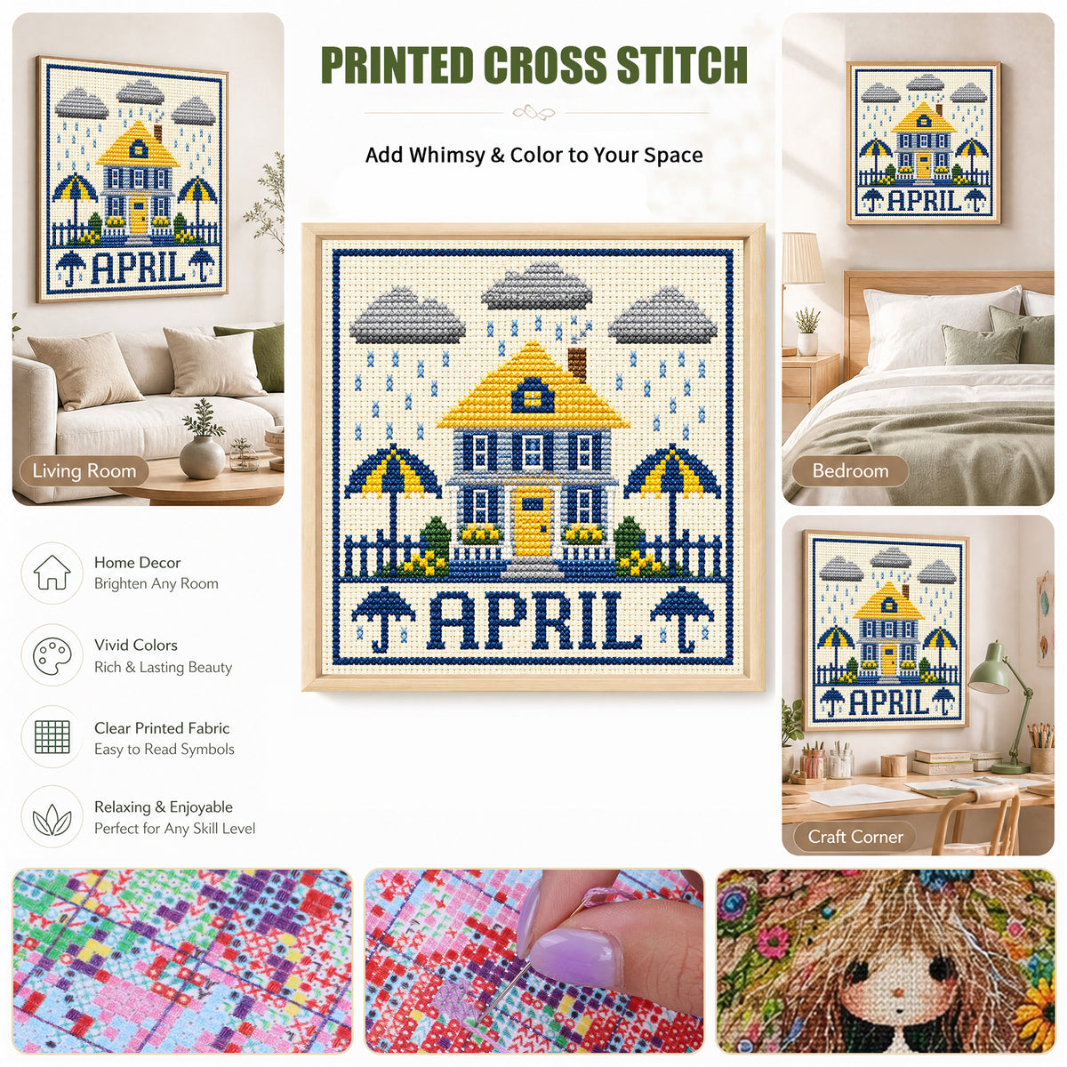 April Rainy Cottage – Komplettes 14CT gestempeltes Kreuzstich-Set 40x40CM – Huacan
