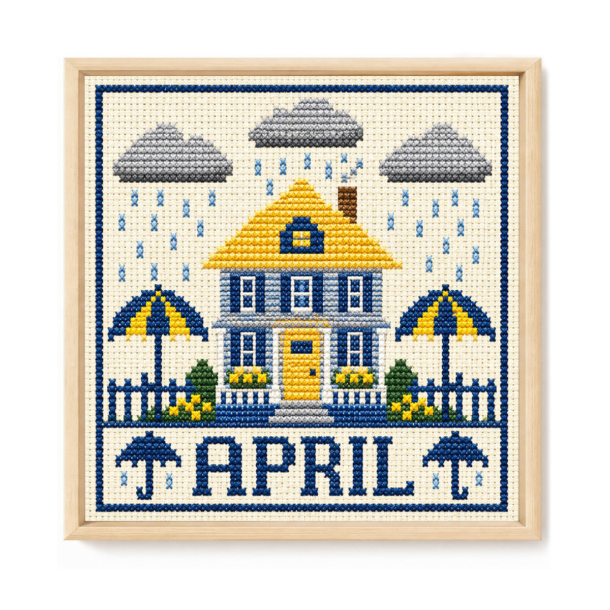 April Rainy Cottage – Komplettes 14CT gestempeltes Kreuzstich-Set 40x40CM – Huacan