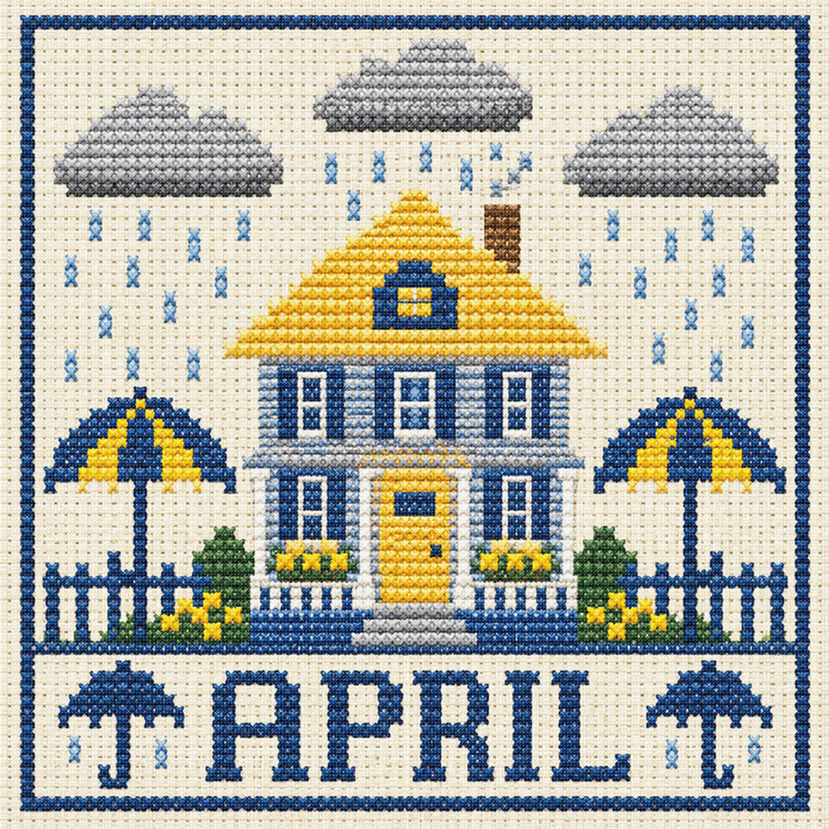 April Rainy Cottage – Komplettes 14CT gestempeltes Kreuzstich-Set 40x40CM – Huacan