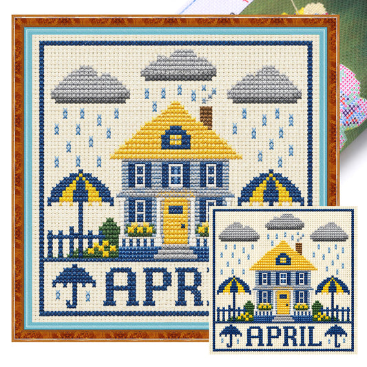 April Rainy Cottage – Komplettes 14CT gestempeltes Kreuzstich-Set 40x40CM – Huacan