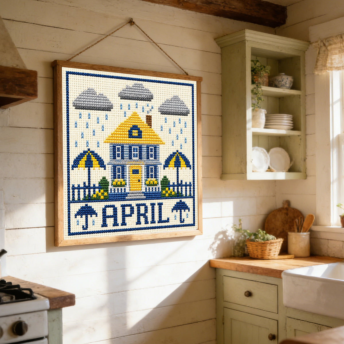 April Rainy Cottage – Komplettes 14CT gestempeltes Kreuzstich-Set 40x40CM – Huacan