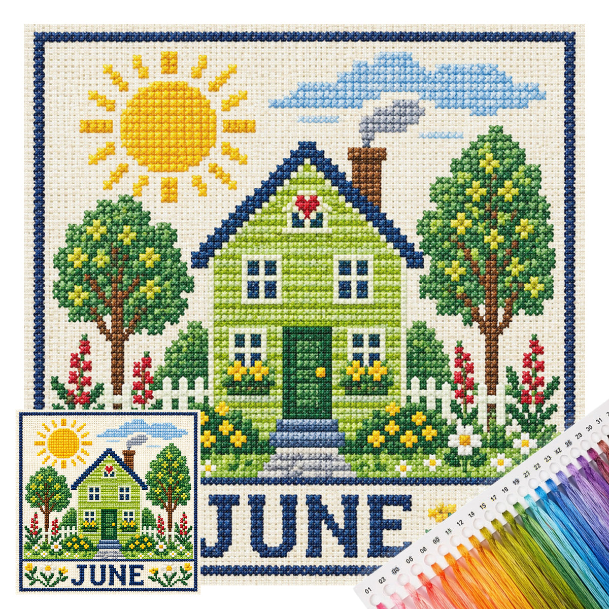 June Sunny Courtyard Cottage - Full 14CT Stamped Cross Stitch 40x40CM - Huacan