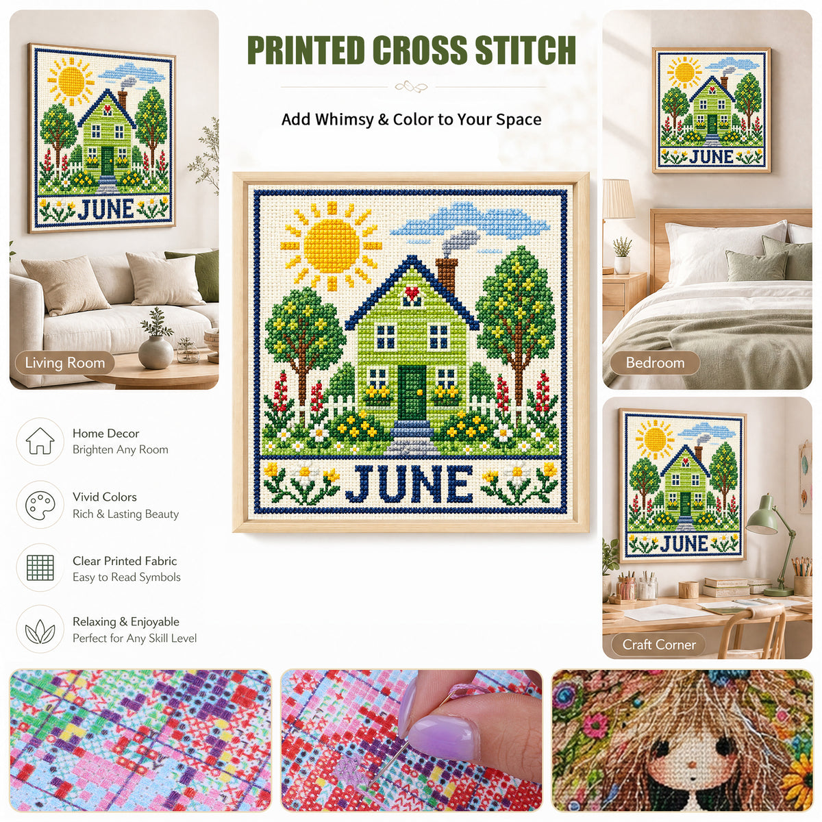 June Sunny Courtyard Cottage - Full 14CT Stamped Cross Stitch 40x40CM - Huacan