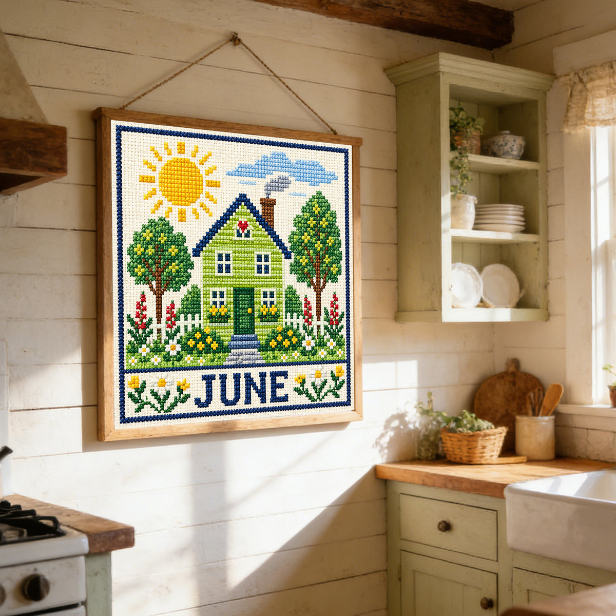June Sunny Courtyard Cottage - Full 14CT Stamped Cross Stitch 40x40CM - Huacan