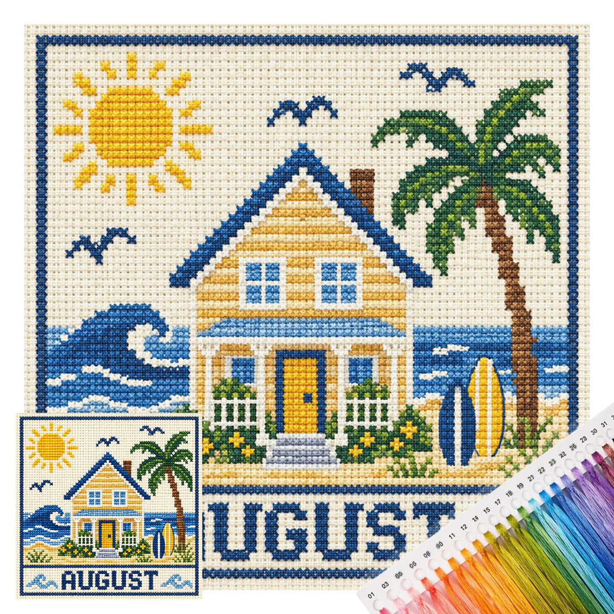 August Seaside Ferienhaus – Vollständiges 14CT Stempel-Kreuzstich-Set 40x40CM – Huacan