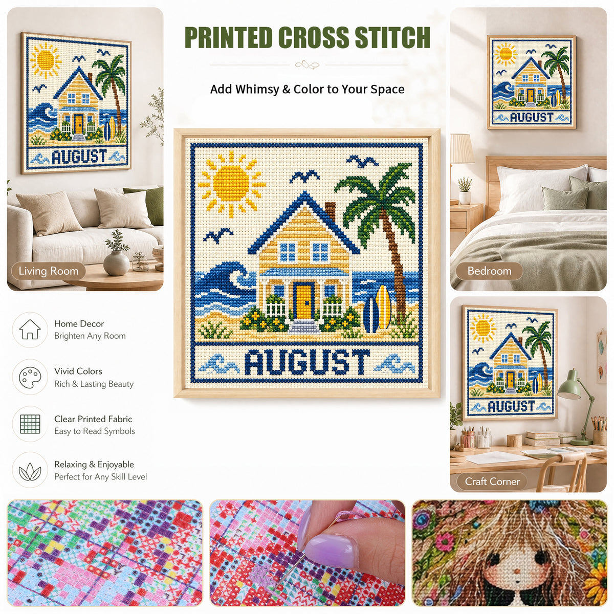 August Seaside Ferienhaus – Vollständiges 14CT Stempel-Kreuzstich-Set 40x40CM – Huacan