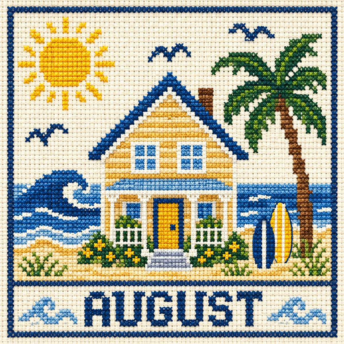 August Seaside Ferienhaus – Vollständiges 14CT Stempel-Kreuzstich-Set 40x40CM – Huacan