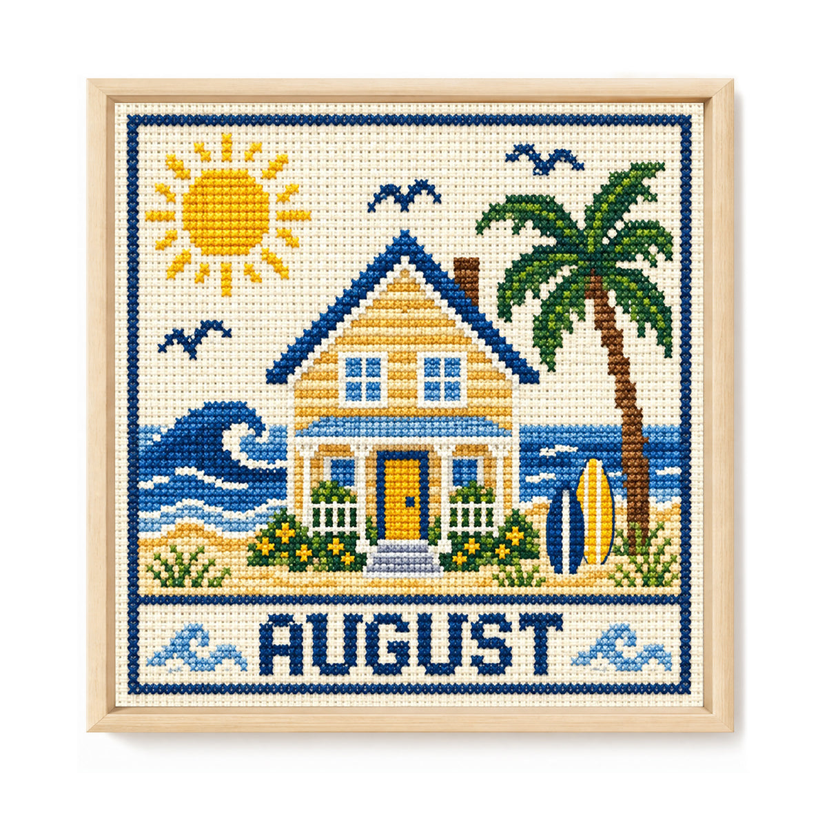 August Seaside Ferienhaus – Vollständiges 14CT Stempel-Kreuzstich-Set 40x40CM – Huacan