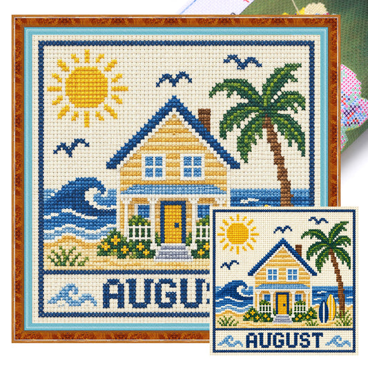 August Seaside Ferienhaus – Vollständiges 14CT Stempel-Kreuzstich-Set 40x40CM – Huacan