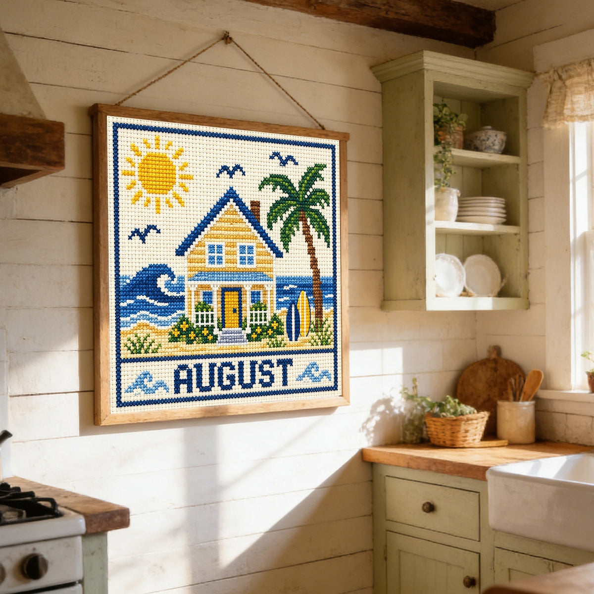 August Seaside Ferienhaus – Vollständiges 14CT Stempel-Kreuzstich-Set 40x40CM – Huacan