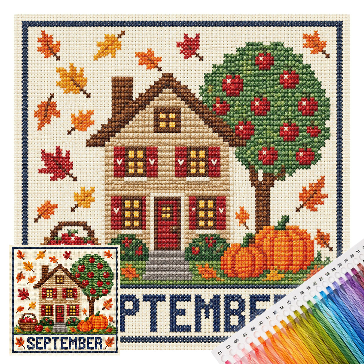 September-Herbstblatt-Apfel-Cottage - Komplettes 14CT-Stempel-Kreuzstich-Set 40x40CM - Huacan