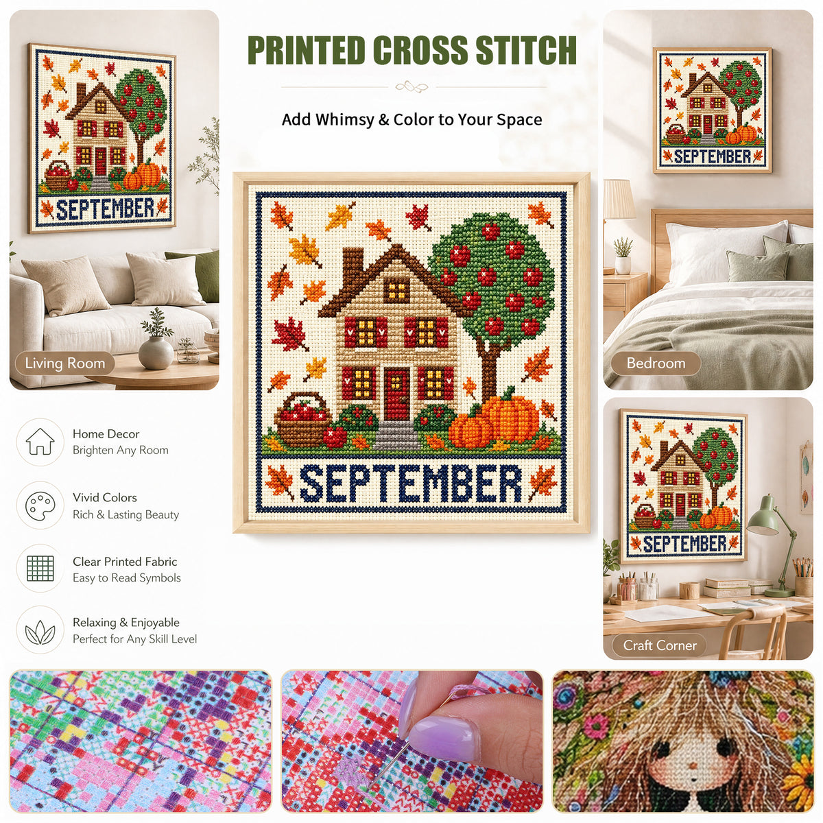 September-Herbstblatt-Apfel-Cottage - Komplettes 14CT-Stempel-Kreuzstich-Set 40x40CM - Huacan