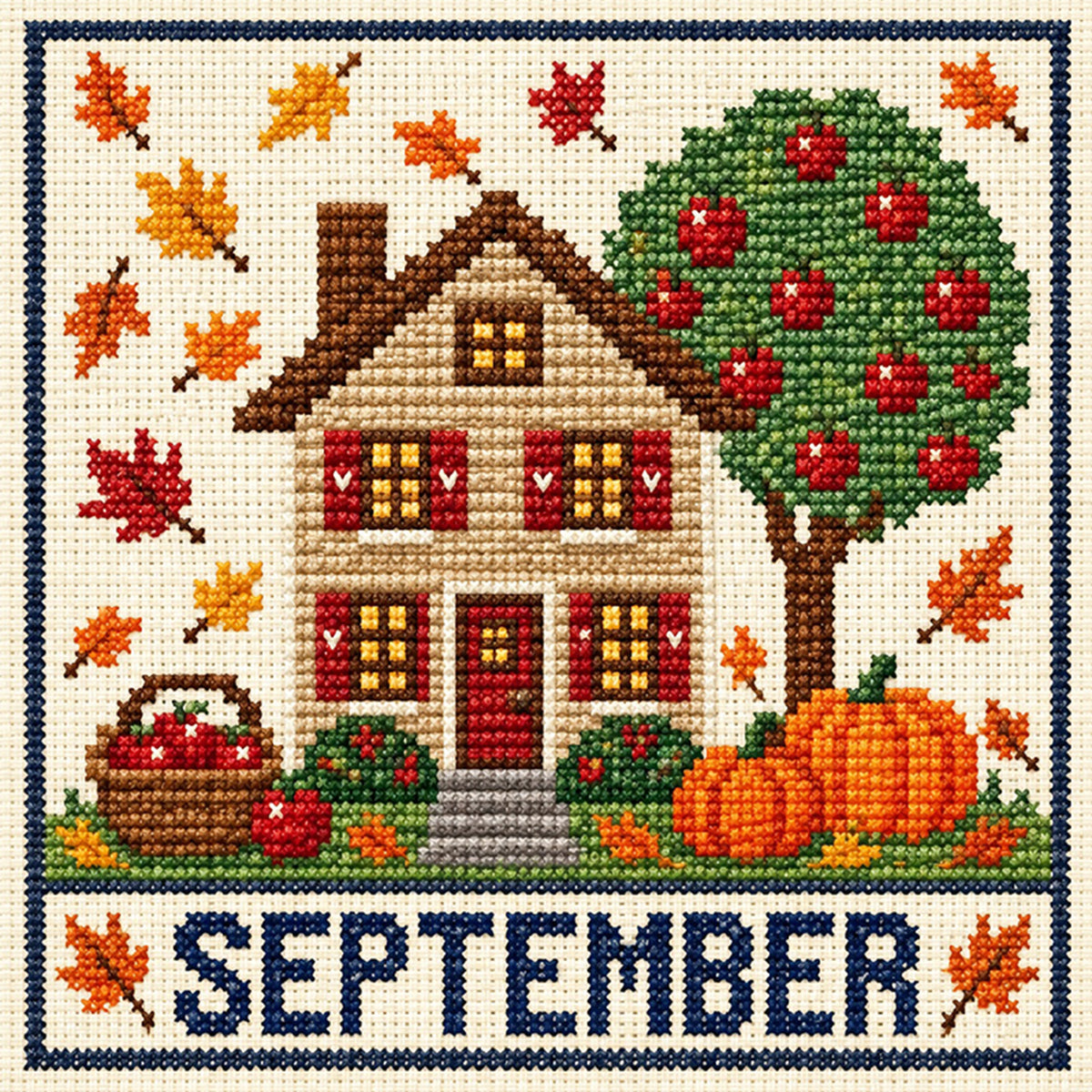 September-Herbstblatt-Apfel-Cottage - Komplettes 14CT-Stempel-Kreuzstich-Set 40x40CM - Huacan
