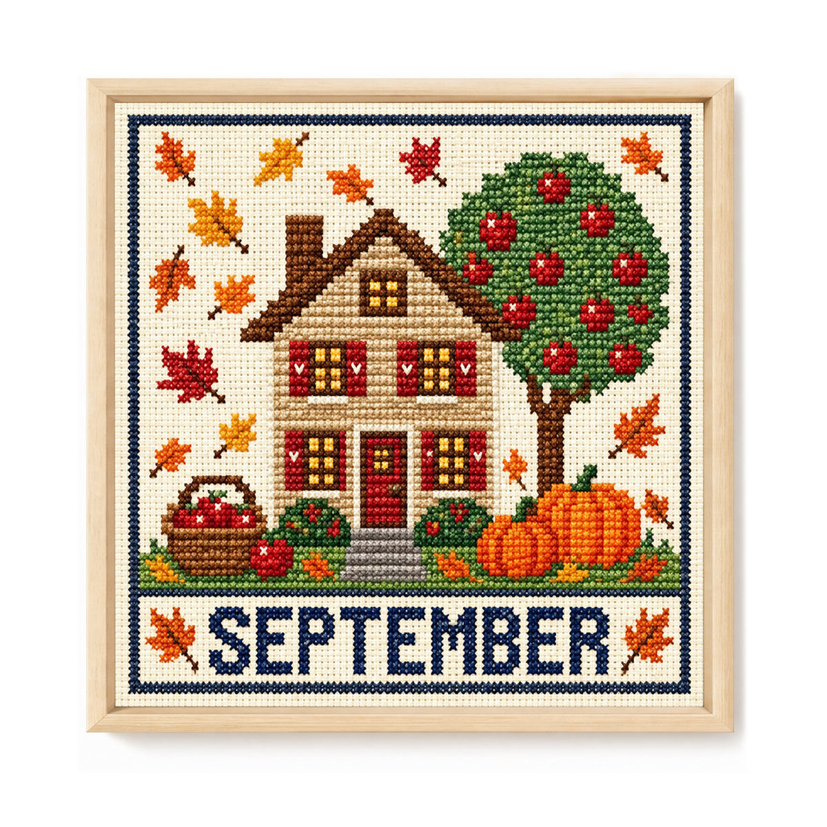 September-Herbstblatt-Apfel-Cottage - Komplettes 14CT-Stempel-Kreuzstich-Set 40x40CM - Huacan