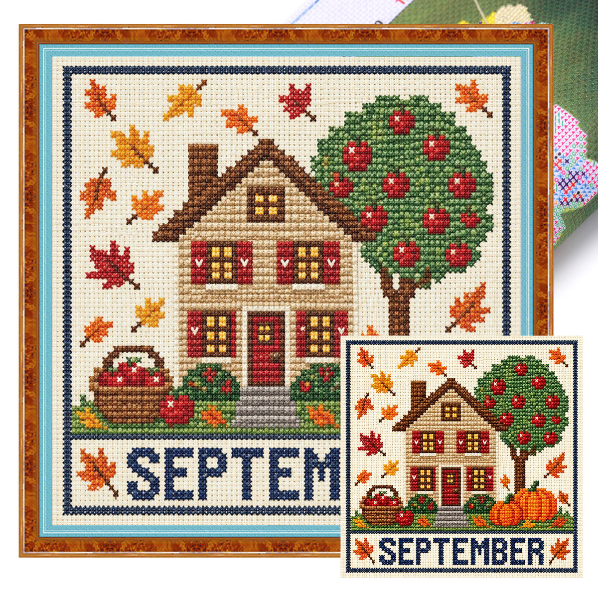 September-Herbstblatt-Apfel-Cottage - Komplettes 14CT-Stempel-Kreuzstich-Set 40x40CM - Huacan