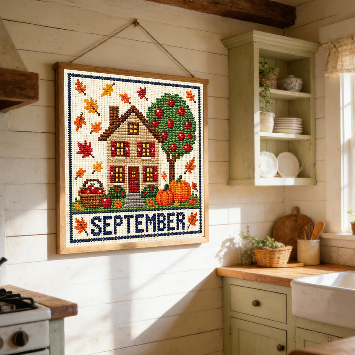 September-Herbstblatt-Apfel-Cottage - Komplettes 14CT-Stempel-Kreuzstich-Set 40x40CM - Huacan