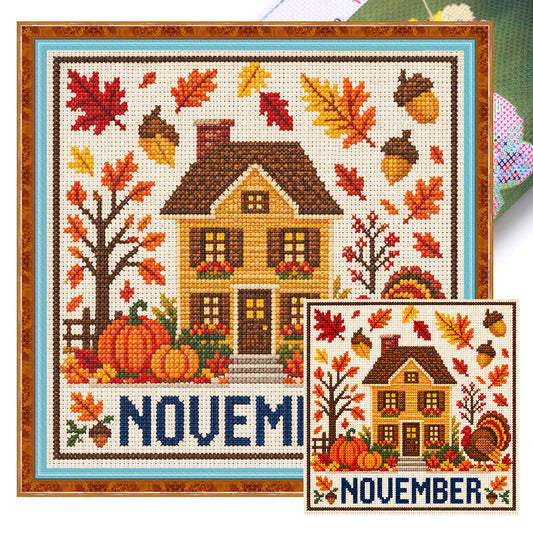 November Erntedank-Hütte – Vollständiges 14CT gestempeltes Kreuzstichset 40x40CM – Huacan