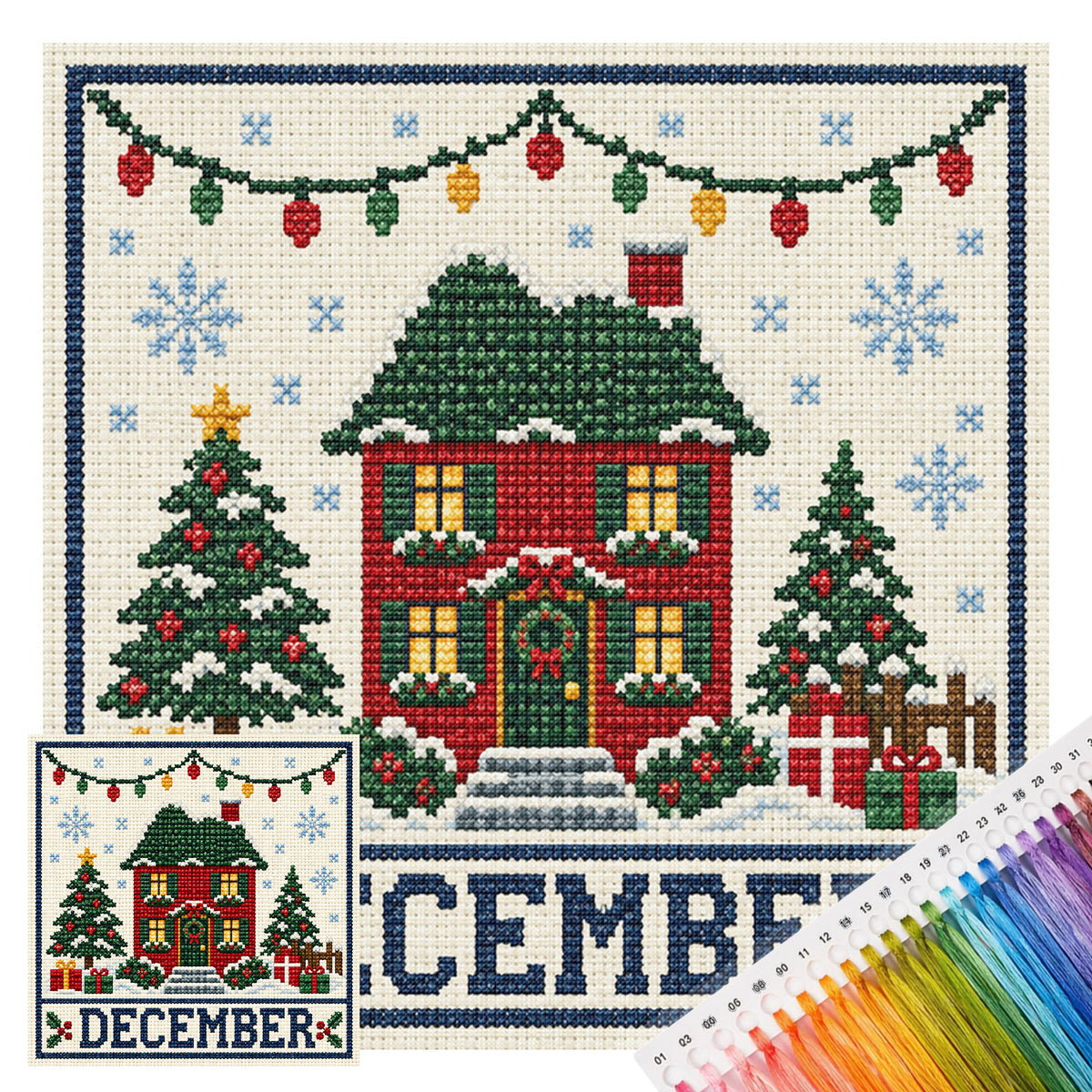 December Christmas Festival Cottage - Full 14CT Stamped Cross Stitch 40x40CM - Huacan