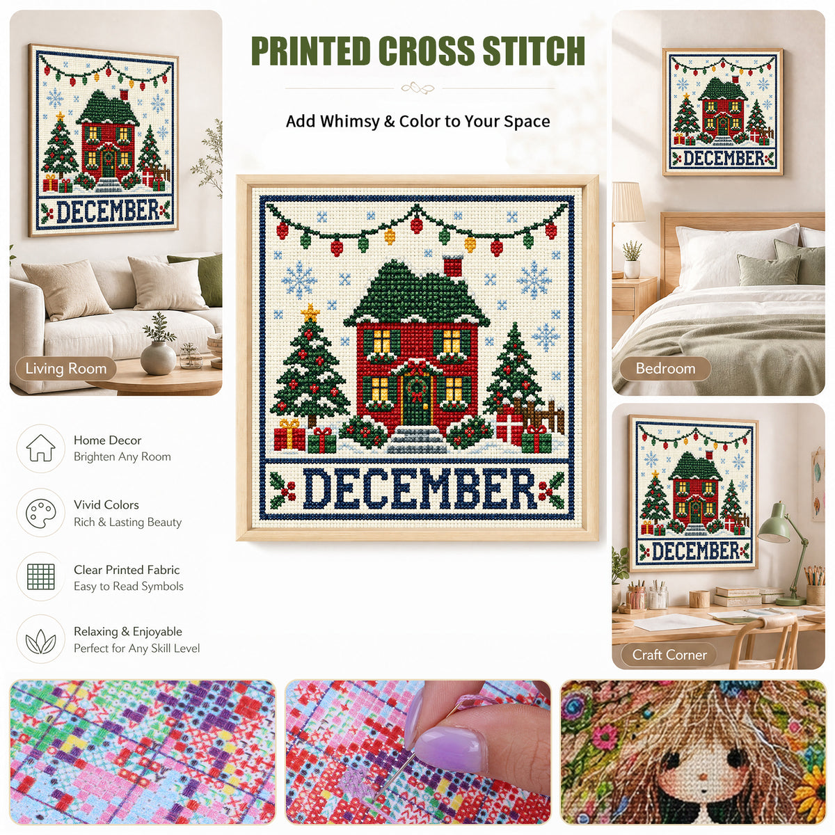 December Christmas Festival Cottage - Full 14CT Stamped Cross Stitch 40x40CM - Huacan