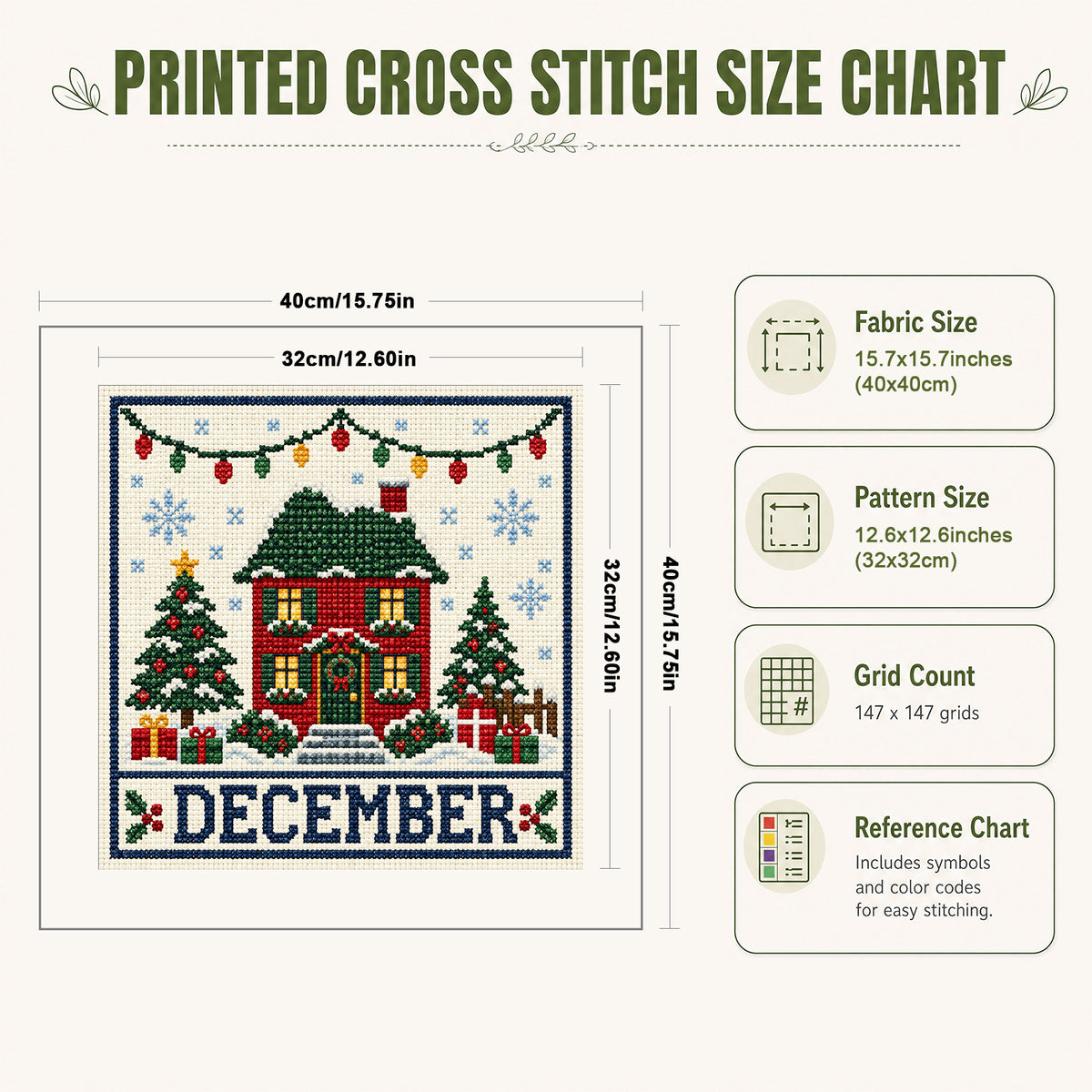 December Christmas Festival Cottage - Full 14CT Stamped Cross Stitch 40x40CM - Huacan