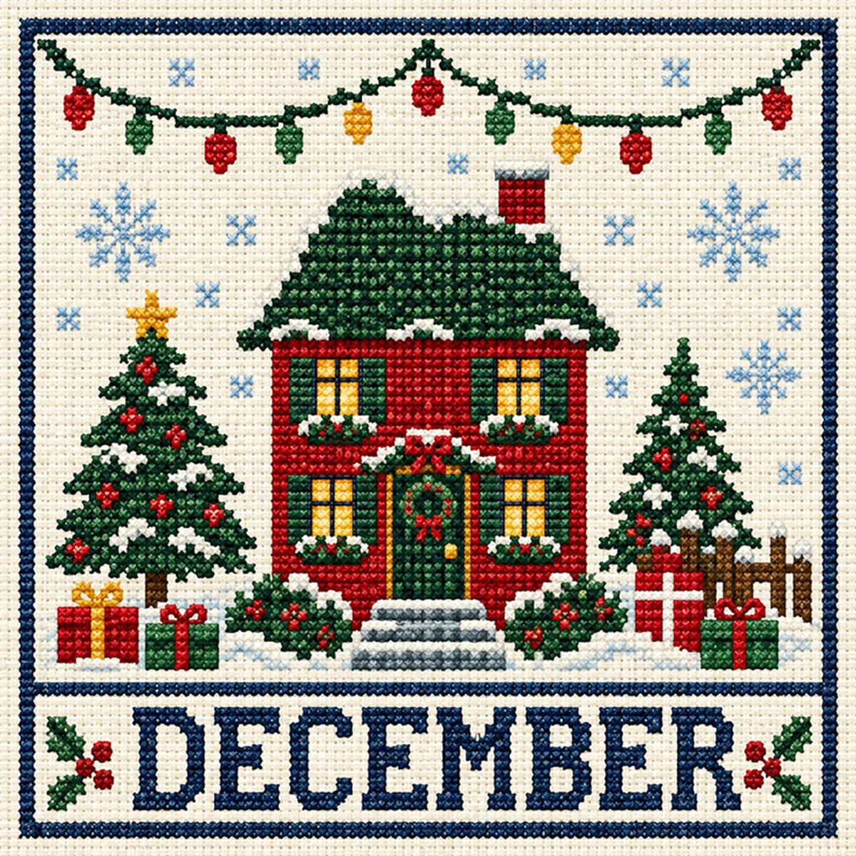 December Christmas Festival Cottage - Full 14CT Stamped Cross Stitch 40x40CM - Huacan