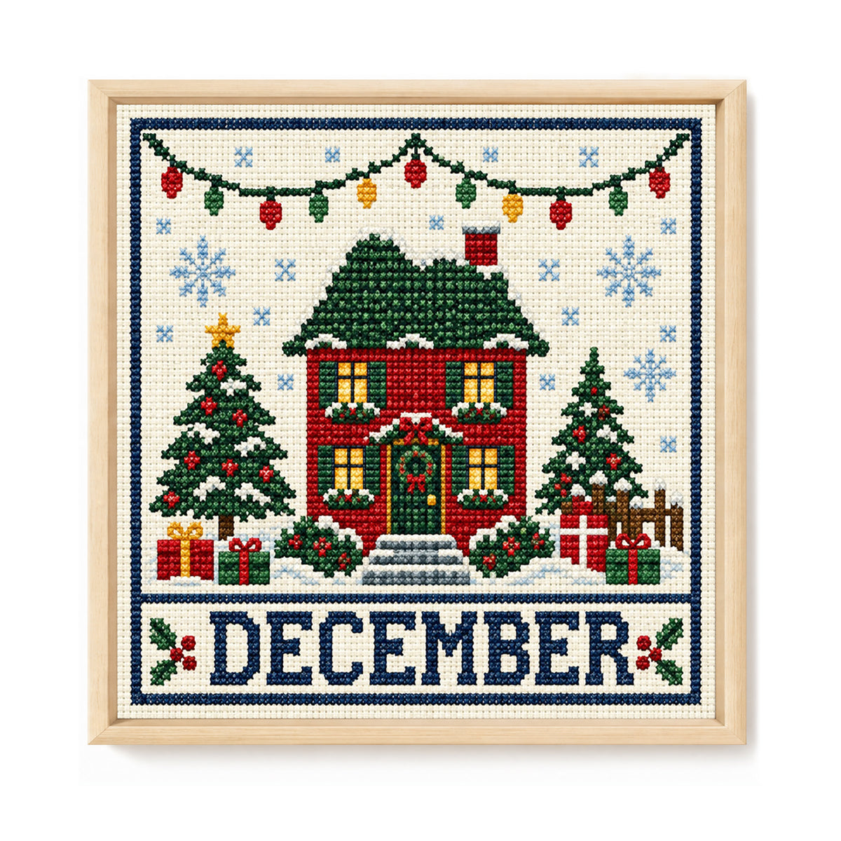 December Christmas Festival Cottage - Full 14CT Stamped Cross Stitch 40x40CM - Huacan