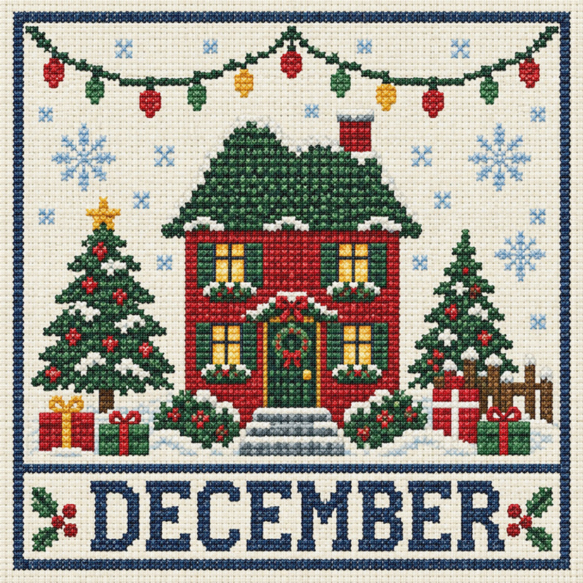 December Christmas Festival Cottage - Full 14CT Stamped Cross Stitch 40x40CM - Huacan
