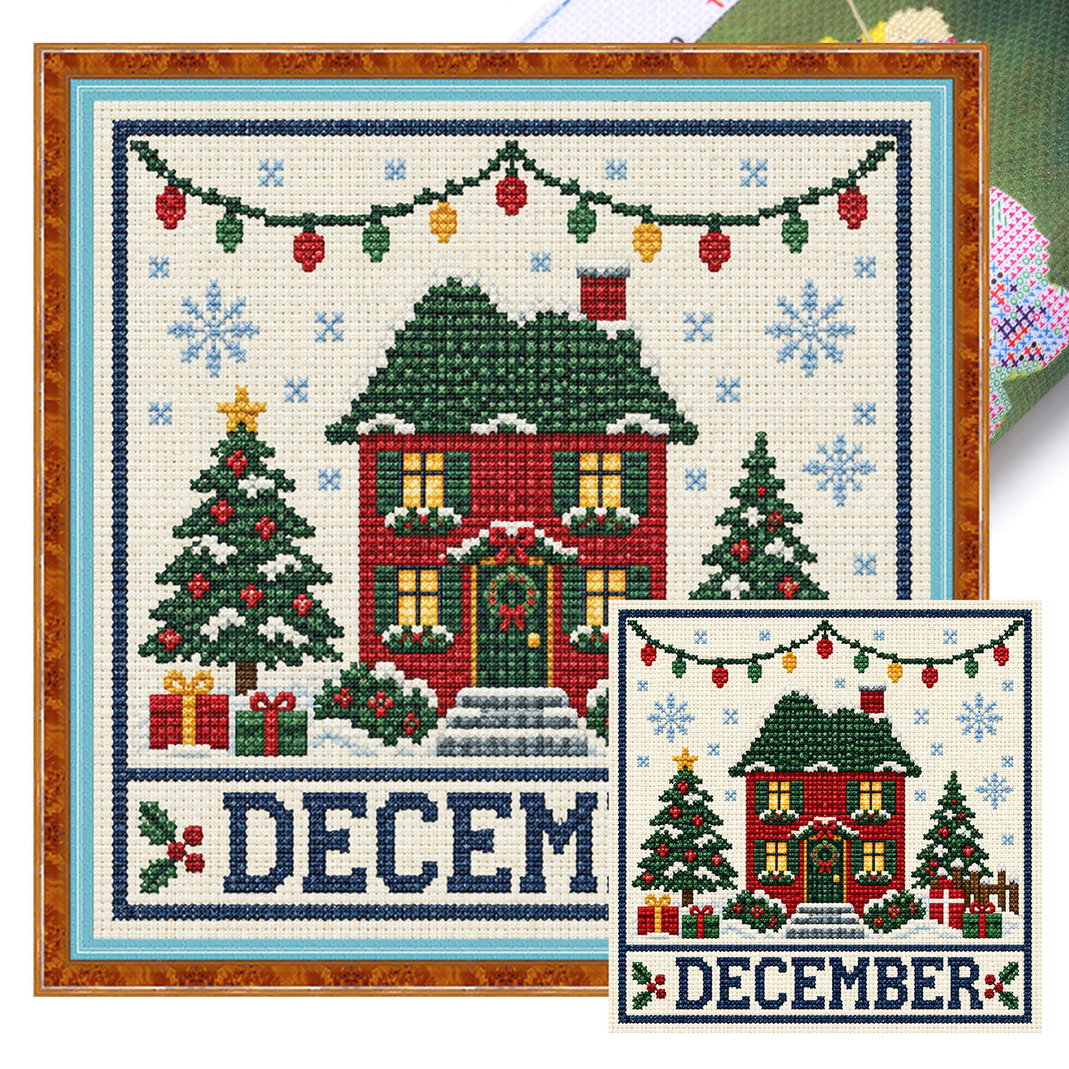 December Christmas Festival Cottage - Full 14CT Stamped Cross Stitch 40x40CM - Huacan