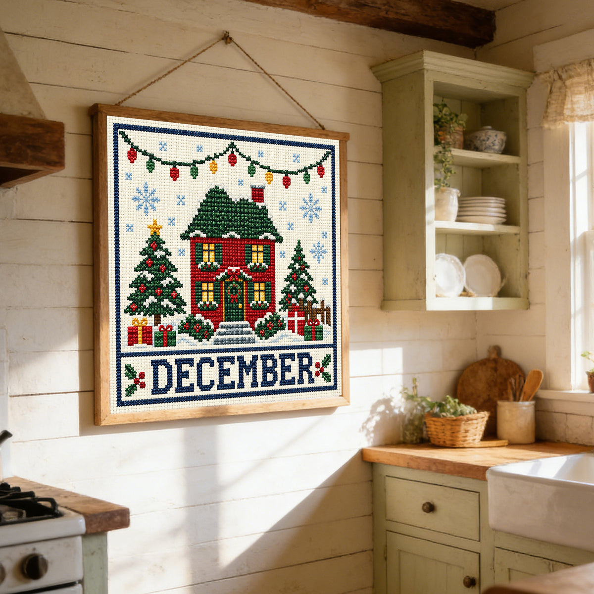 December Christmas Festival Cottage - Full 14CT Stamped Cross Stitch 40x40CM - Huacan