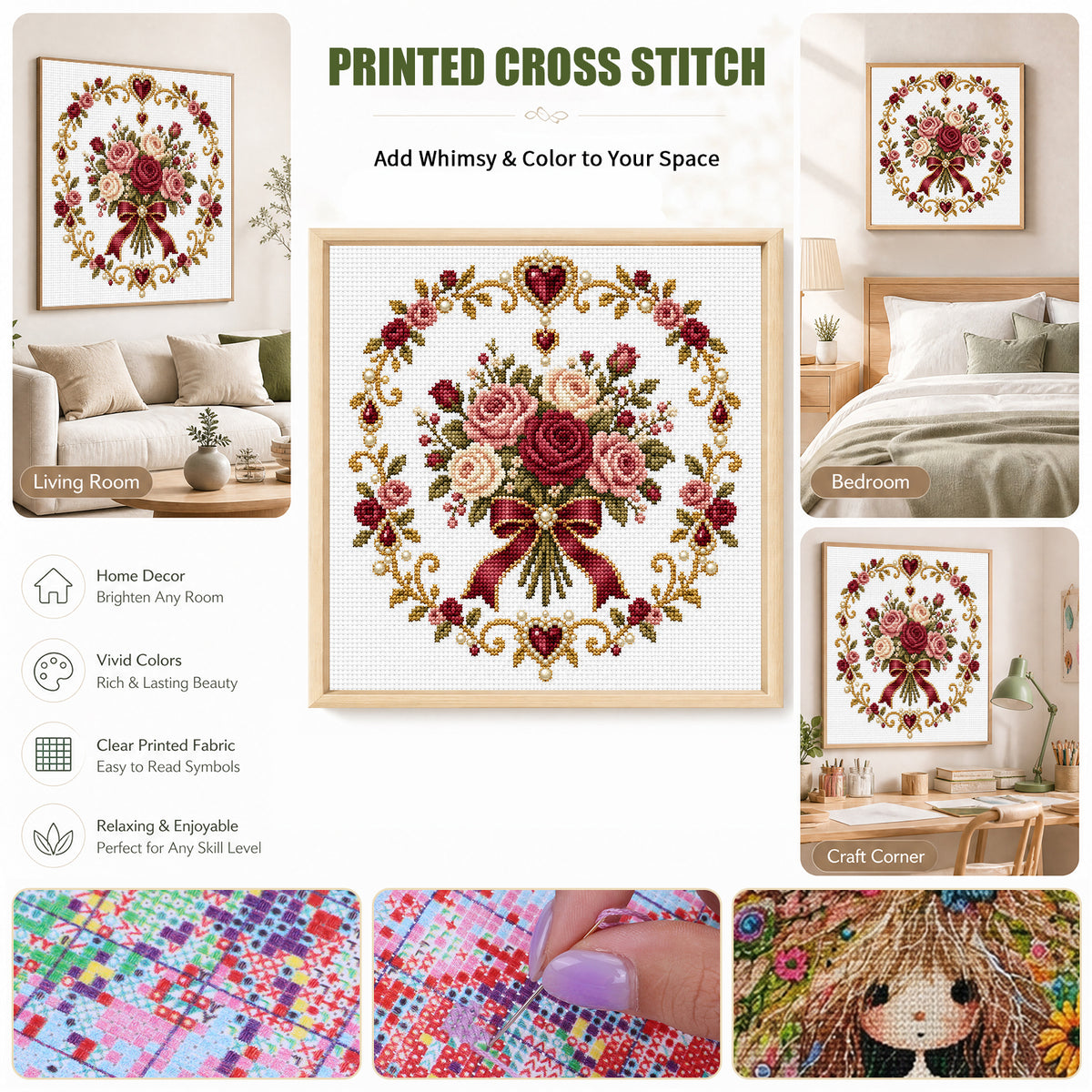 Rose Bouquet - Full 14CT Stamped Cross Stitch 30x30CM - Huacan