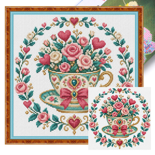 Tee-Rose - Vollständiges 14CT gestempeltes Kreuzstich-Set 30x30CM - Huacan