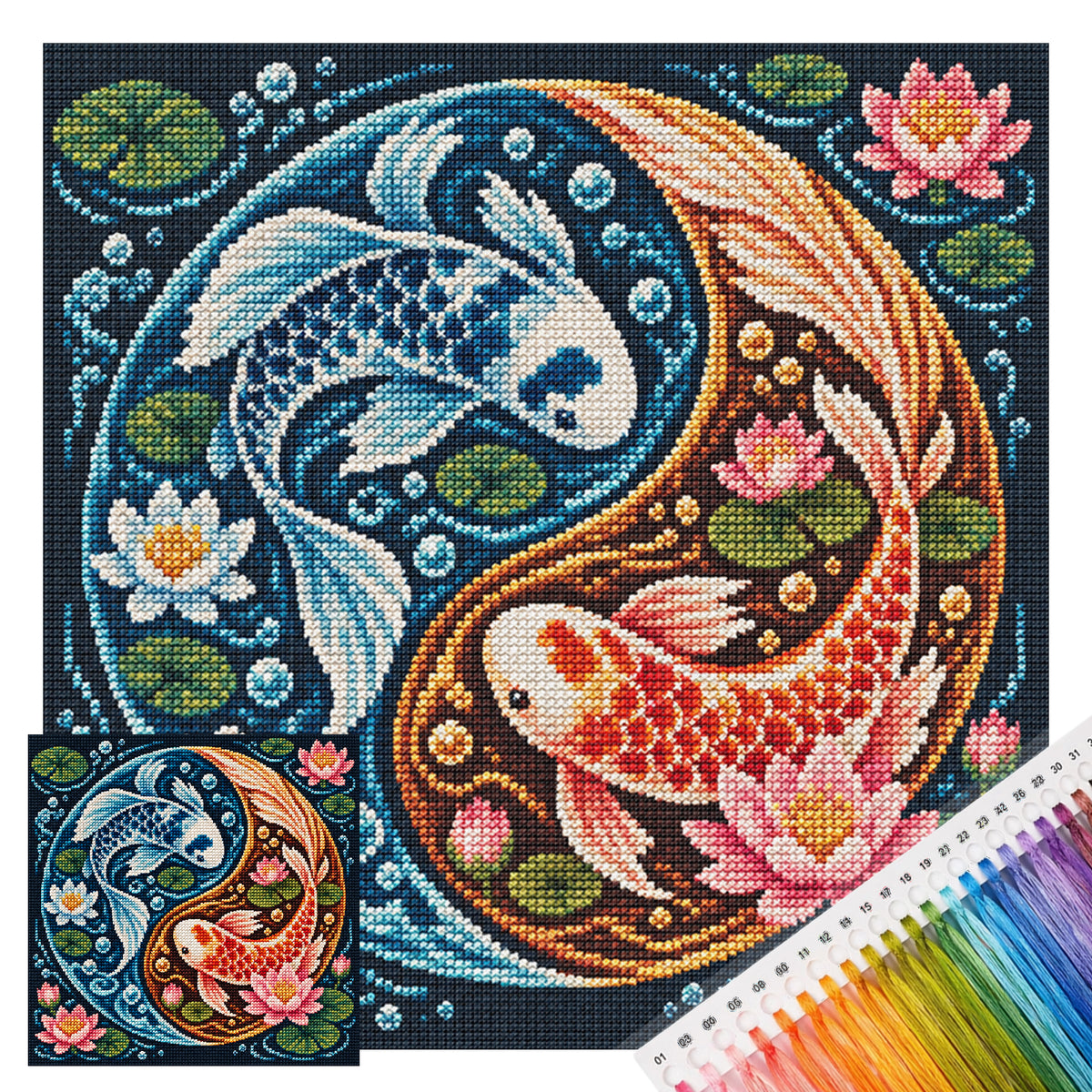 Yin Koi - Full 11CT Stamped Cross Stitch 45x45CM - Yishu