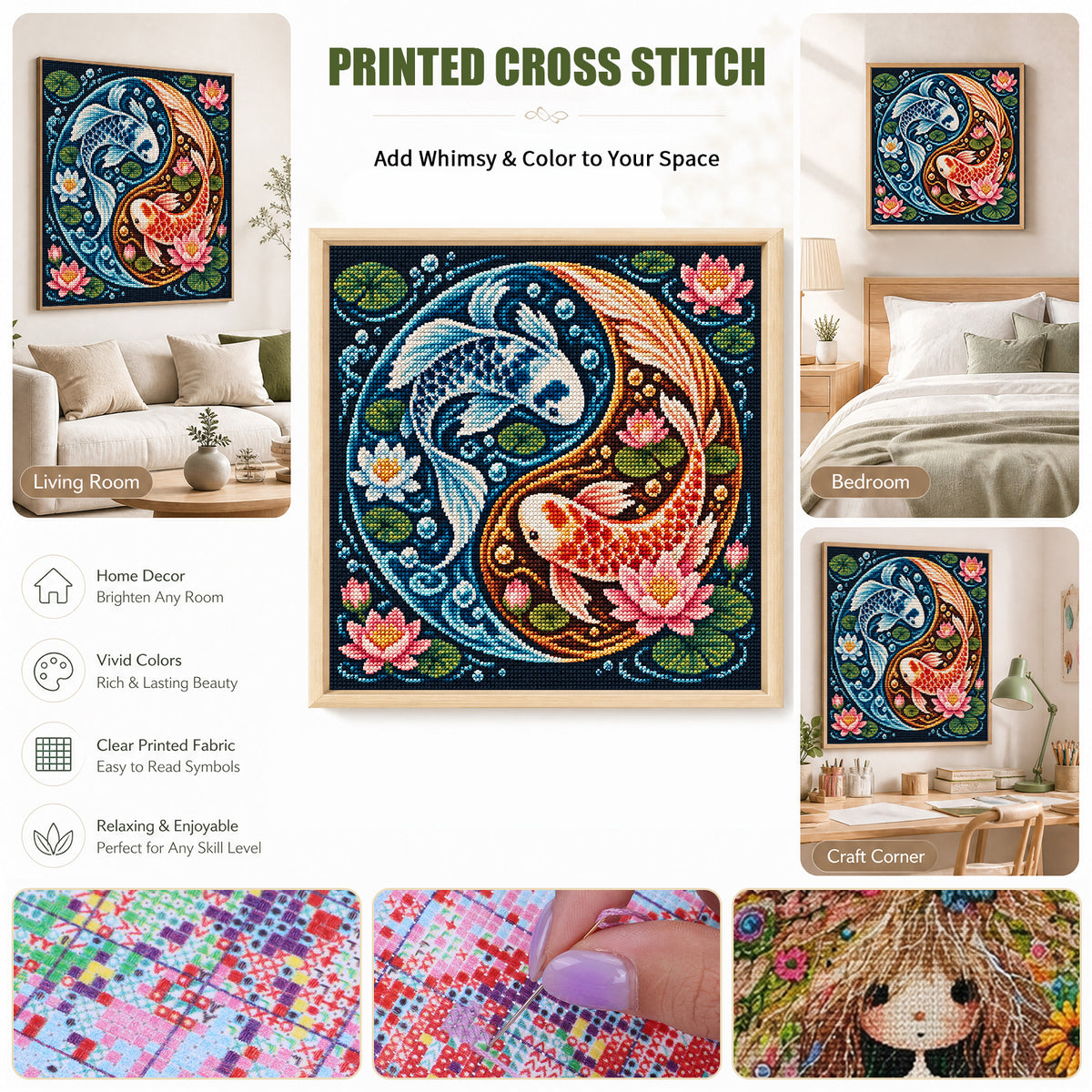 Yin Koi - Full 11CT Stamped Cross Stitch 45x45CM - Yishu
