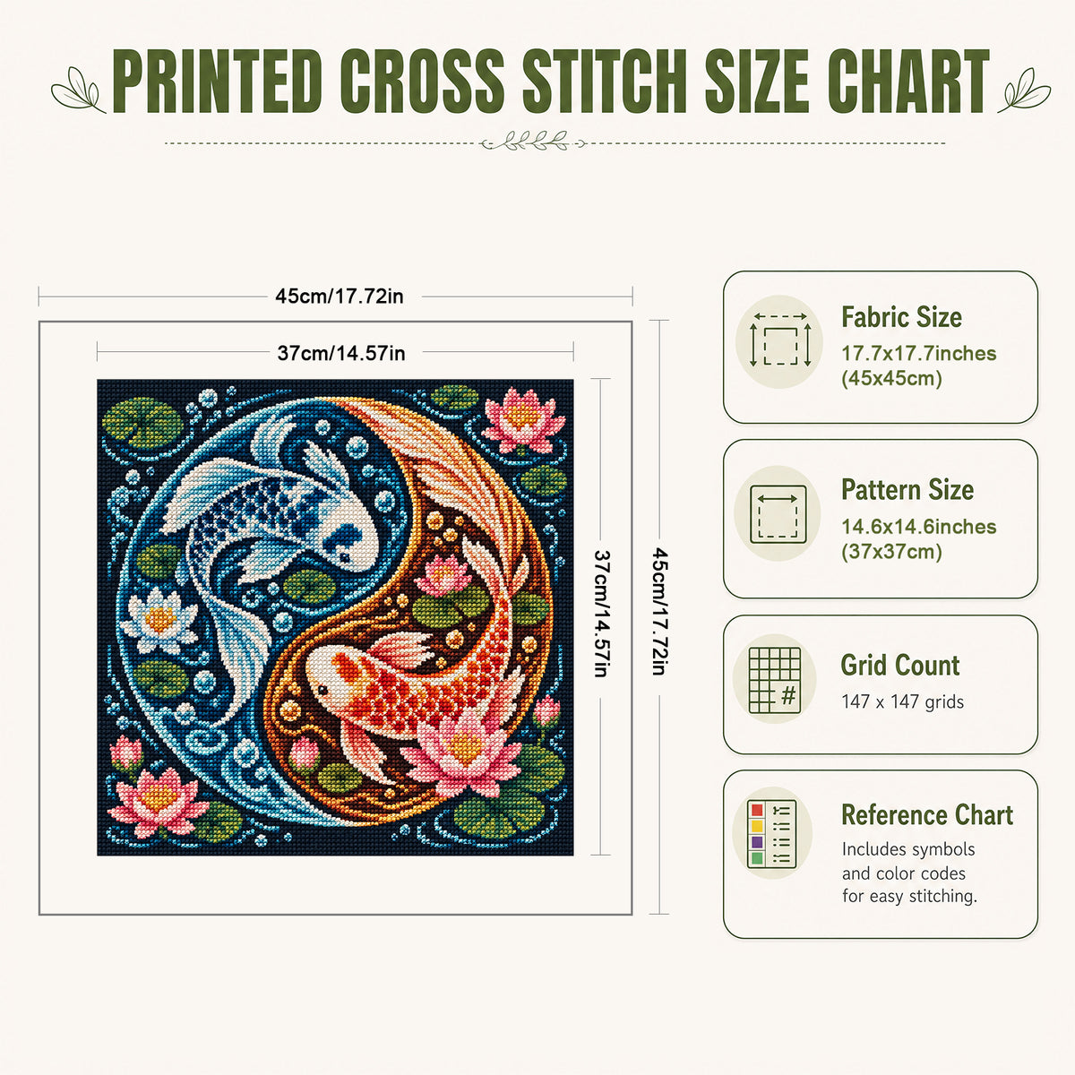 Yin Koi - Full 11CT Stamped Cross Stitch 45x45CM - Yishu