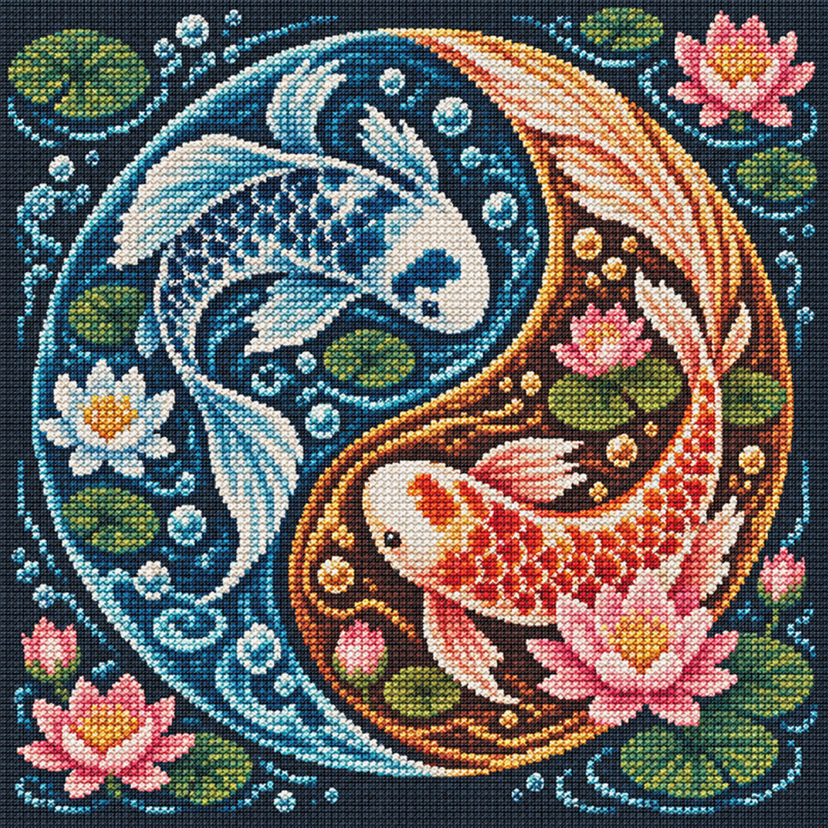 Yin Koi - Full 11CT Stamped Cross Stitch 45x45CM - Yishu