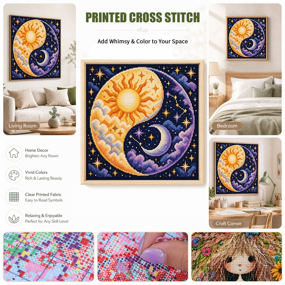 Sun Moon - Full 11CT Stamped Cross Stitch 45x45CM - Yishu