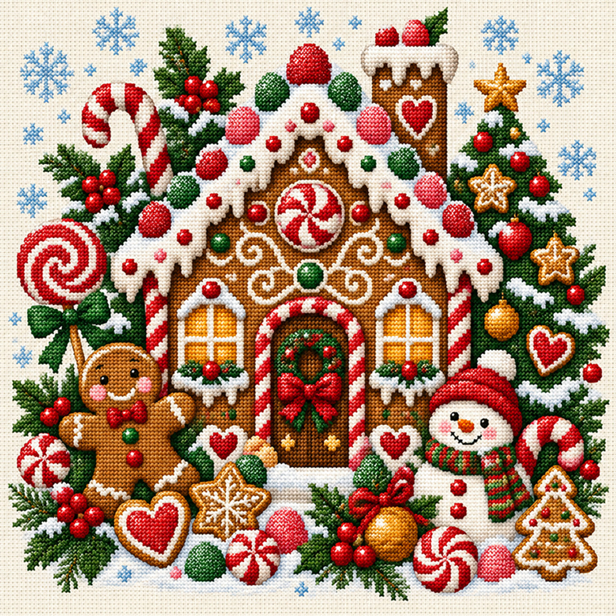 Weihnachts-Lebkuchenhaus – Vollständiges 14CT gestempeltes Kreuzstich-Set 40x40CM – Huacan