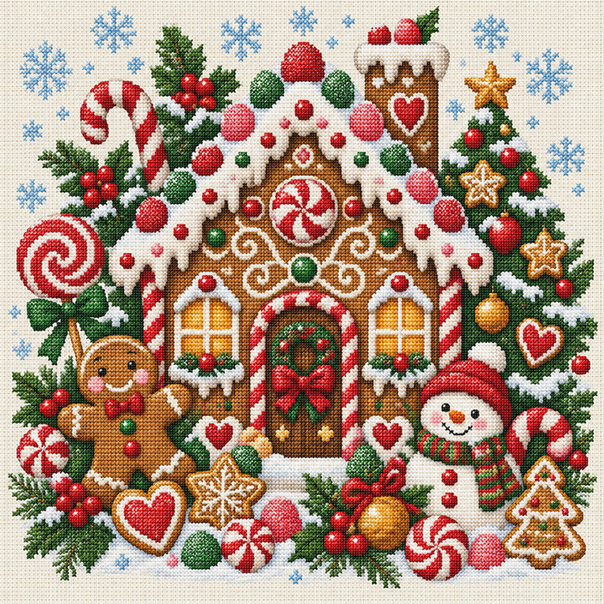 Weihnachts-Lebkuchenhaus – Vollständiges 14CT gestempeltes Kreuzstich-Set 40x40CM – Huacan