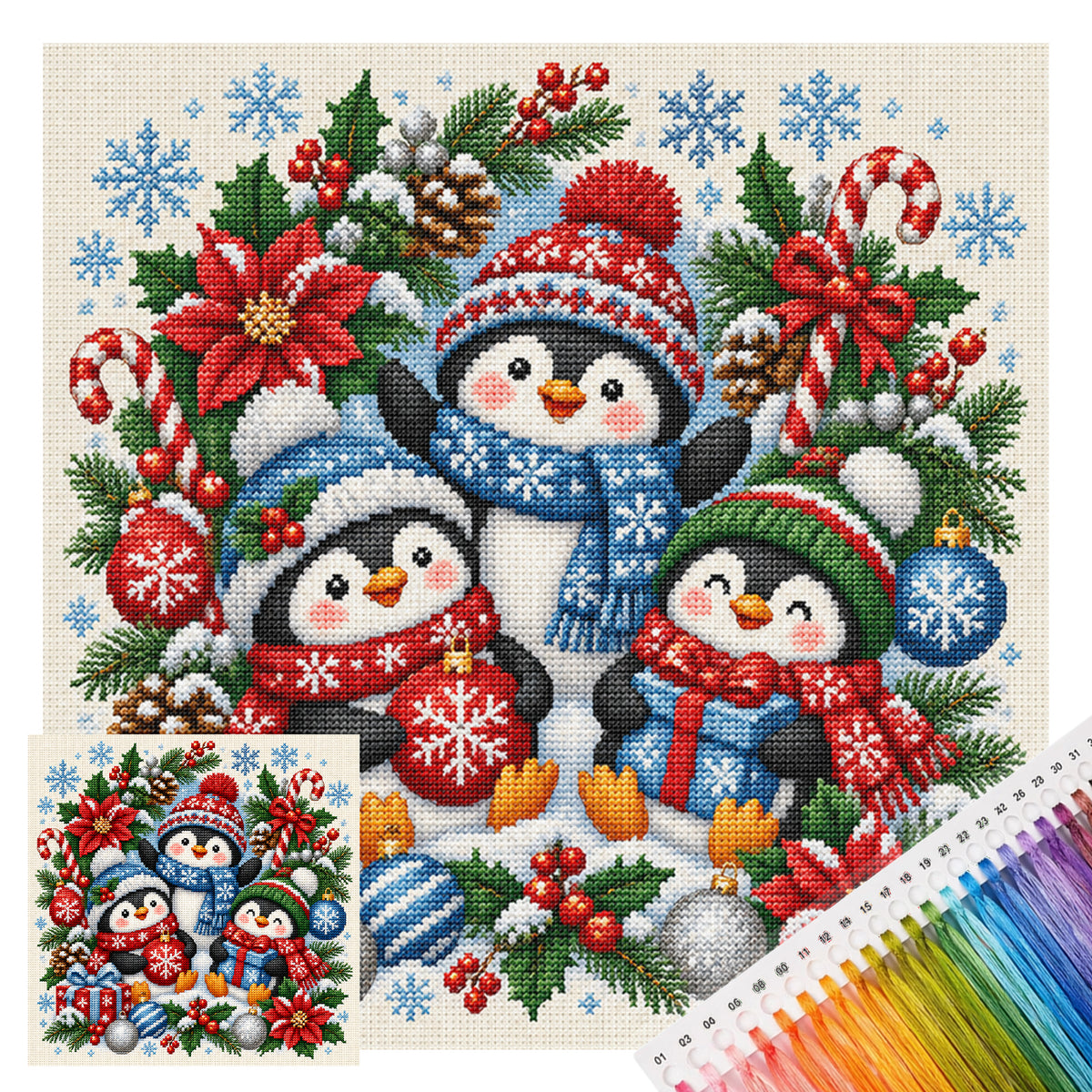 Weihnachtspinguin – Vollständiges 14CT Stempel-Kreuzstich-Set 40x40cm – Huacan