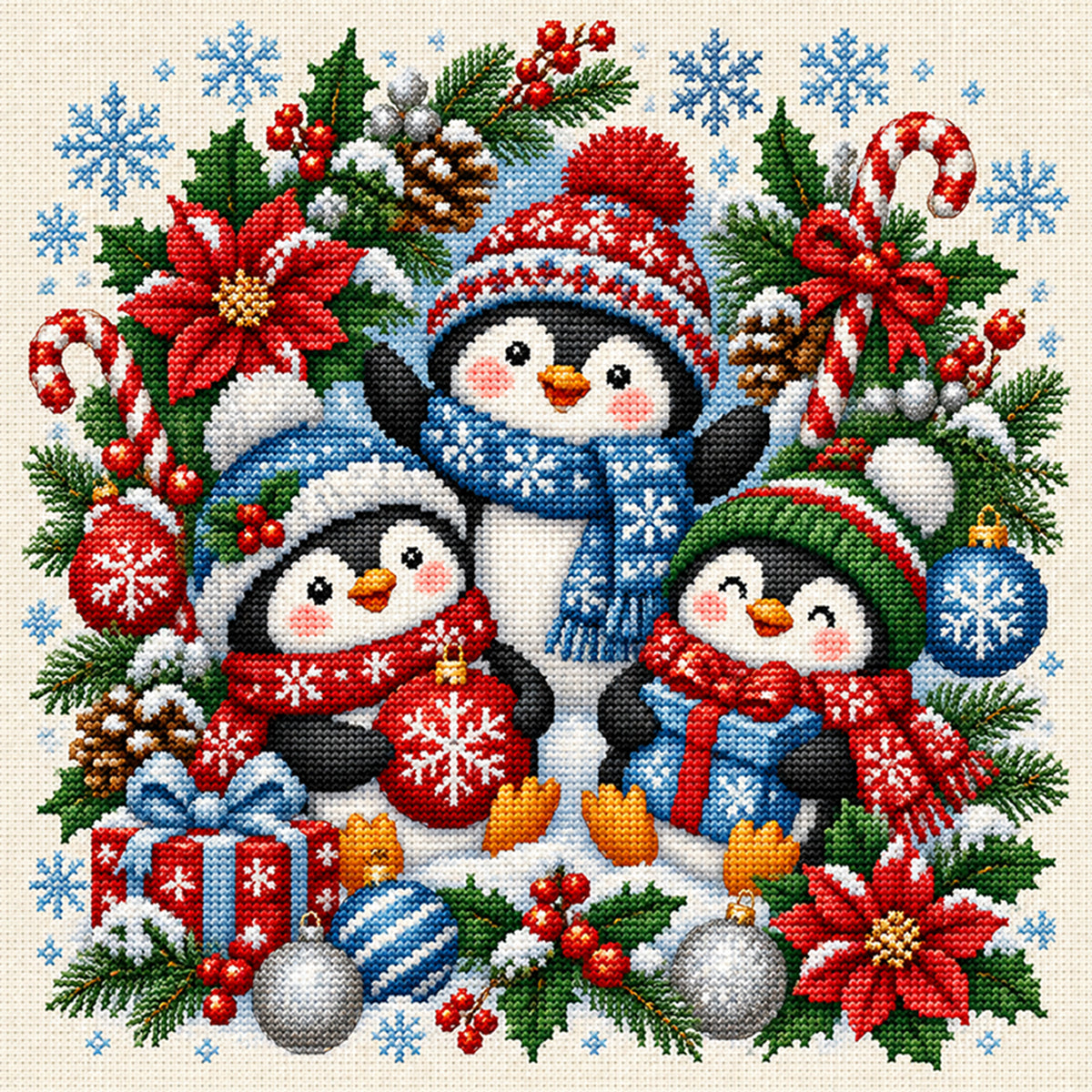 Weihnachtspinguin – Vollständiges 14CT Stempel-Kreuzstich-Set 40x40cm – Huacan
